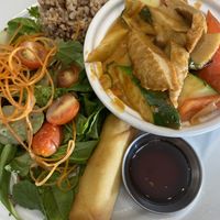 Lunch special, yellow curry with substituted tofu for “chicken” very good  at My Vegan in Los Angeles