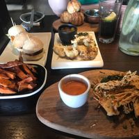 Tapas- mushrooms bottom right, sweet potato tempura bottom left, jackfruit sliders and cauliflower tempura middle, dough balls top at Street in Coventry