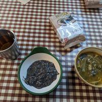 Black sesame porridge and veg soup at Han Gwa Chae - 한과채 in Seoul