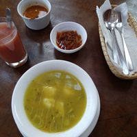 Soup dessert drink hot sauce at Donde Gopal in Quito