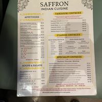 Dinner menu as of 7 September 2025  at Saffron Indian Cuisine in Greenville