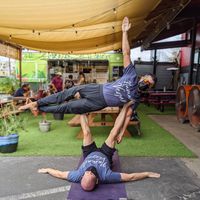 Acroyoga Vishnu's couch. at ATX Food Co in Austin