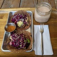 Wild mushroom and BBQ brisket tacos with mossy cacao elixir. at ATX Food Co in Austin