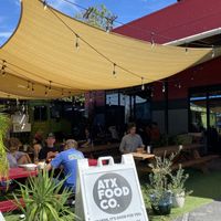 Shaded outdoor seating  at ATX Food Co in Austin