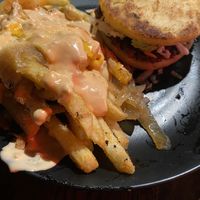 Burger and dirty fries  at Vida Eatery  in Bakersfield