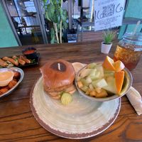 Before digging in 😛 sandwich order w/fruit salad + tea  at Vida Eatery  in Bakersfield