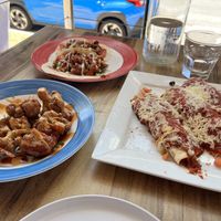 Crispy cauliflower bites (left), jackfruit taco (back), vegan enchilada (right)   at The Prickly Piñata in Maroochydore