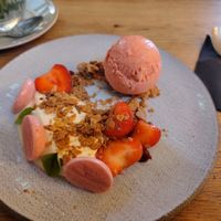 Vegan strawberry dessert with almond cream. Very good at Het Ruiterhuys in Castricum