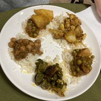 One scoop of each of the 5 vegan entrees at Maharaja Indian Restaurant in Colonie