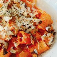 Freshly baked aubergine tomatoes sauce wheat pasta  at Veg Joy in Rome