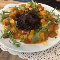 Sweet and sour tofu with black rice  at Veg Joy in Rome