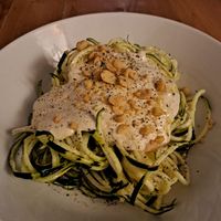 Courgette spaghetti with creamy sauce at Veg Joy in Rome