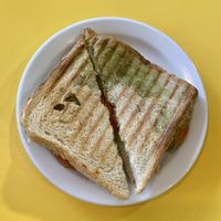 Vegan mozzarella, pesto and tomato toastie at Chococo in Horsham