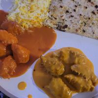 Rice, Butter Mock Chicken, Mango Mock Chicken, Garlic Naan at The Leaf in Leederville