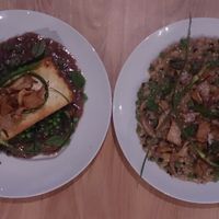 Seared Tofu and Mushroom & Garlic Scape Risotto at Vegolution in Saint John