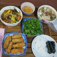 Full set (almost-all-eaten) grilled veg-beef sticks, veg-seafood (made from veggies) fried rolls, Quang Ngai noodles and rice noodles with veg-meatball. for 2 persons, only 110.000VND! at Tam An Lac - Dong Da District in Hanoi