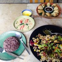 -Thai herb Spring rolls
-Deep Fried edible flower salad
-Green curry with brown rice

 at Pun Pun Organic Vegetarian Restaurant - Wat Suan Dok in Chiang Mai