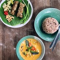 Mushroom sausages & panang curry at Pun Pun Organic Vegetarian Restaurant - Wat Suan Dok in Chiang Mai