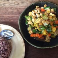 sweet & sour pineapple, mushroom, veggie dish for 60THB at Pun Pun Organic Vegetarian Restaurant - Wat Suan Dok in Chiang Mai