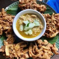 Fried mushrooms with a peanut & mango dipping sauce  at Pun Pun Organic Vegetarian Restaurant - Wat Suan Dok in Chiang Mai