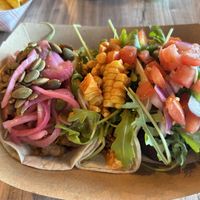 Led to right Curried sweet potato, vegan chorizo and Latin falafel   at Screaming Goat in Sarasota