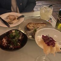 Pictured is the mushroom pate and korean chick’n with cheap thrills and fairy blossom cocktails   at No Bones in Byron Bay