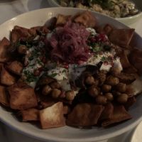 EGGPLANT FATTEH / chickpeas, tahini yoghurt, sumac onions, pine nuts, pomegranate, coriander  at No Bones in Byron Bay