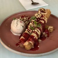 PB&J Churros. We replaced the peanut ice cream with hazelnut because there is already peanut cream on the churros.   at No Bones in Byron Bay