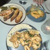 Calamari, pate and zucchini flowers   at No Bones in Byron Bay
