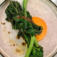 Broccolini and greens with pumpkin puree  at No Bones in Byron Bay