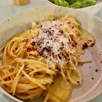 Carbonara and garden salad for mains - carbonara was incredible  at No Bones in Byron Bay