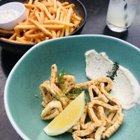 ‘Calamari’ and tasty chips  at No Bones in Byron Bay