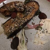 Eggplant and bok choy with wild rice hiding underneath:) at No Bones in Byron Bay