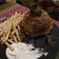 Jackfruit burger and fries  at No Bones in Byron Bay