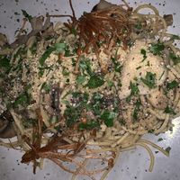 Mushroom spaghetti with enoki at No Bones in Byron Bay