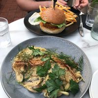 Beyond burger and creamy fettuccini with white wine and mushrooms at No Bones in Byron Bay