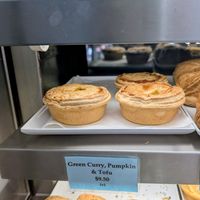 Green curry pumpkin and tofu pie (vegan). April 2026 at Johnny Baker in Castlemaine