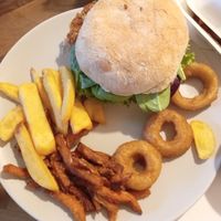 Vegan burger with fries and onion rings at Peter Pane in Vienna