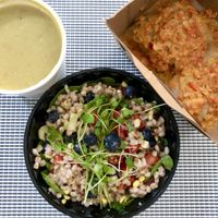 Creamy Asparagus Soup, Blueberry Farrow Salad & Cabbage Rolls in a Coconut Tomato Sauce...AMAZING! 😋 at Island Produce Cafe in North Palm Beach