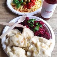 Spaghettis and bellow pierogis.  at Soczysta Strawa in Lublin