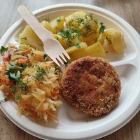 Carrot cutlet with potatoes and salads at Soczysta Strawa in Lublin