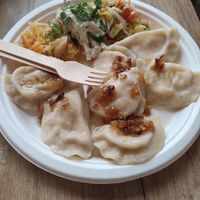 Vegetarian potato pierogi at Soczysta Strawa in Lublin