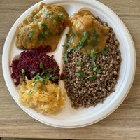 Curry non-meatballs with buckwheat and salads  at Soczysta Strawa in Lublin