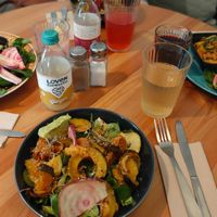 Lentil and pumpkin crumble (L+R), Roast vegetable salad (centre) at Itsy Bitsy in Lille