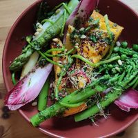  Crispy polenta, avocado cream, snow peas, broccolini, roasted chickpeas and pine nuts  at Itsy Bitsy in Lille