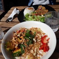 Ramen and quiche. at Herbosaurus in Rennes