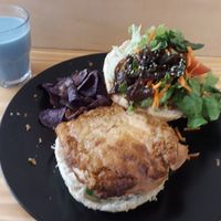 Vegan burger with blue milk at Herbosaurus in Rennes