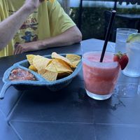 Strawberry Daiquiri and complementary chips and salsa   at Baby Salsa Mexican Restaurant in Nanaimo