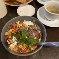 Yoghurt bowl with oat balls  at Greenwoods in Amsterdam