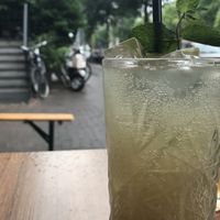 Delicious and refreshing ginger beer w/lime & mint. Wish I requested no straw!! at Greenwoods in Amsterdam